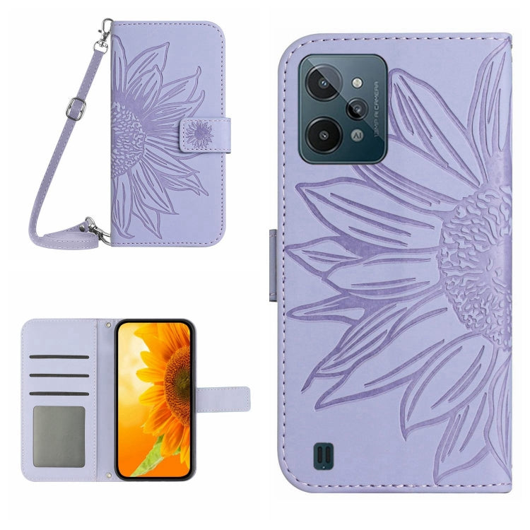 Skin Feel Custodia per cellulare in pelle con motivo a fiori di sole con cordino, For Realme C31, For Realme C33