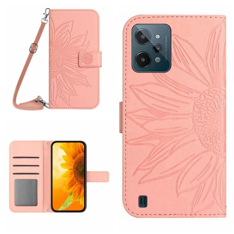 Skin Feel Custodia per cellulare in pelle con motivo a fiori di sole con cordino, For Realme C31, For Realme C33