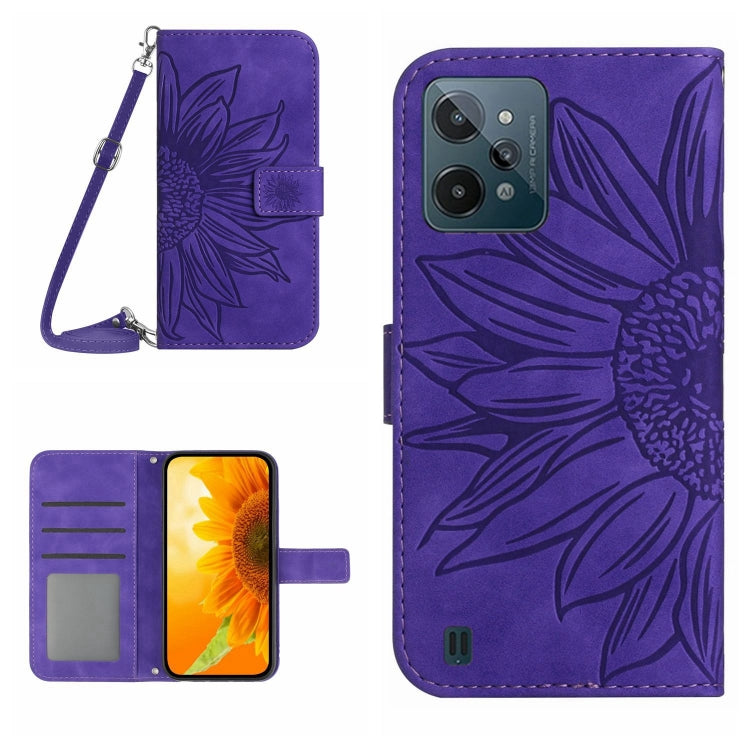 Skin Feel Custodia per cellulare in pelle con motivo a fiori di sole con cordino, For Realme C31, For Realme C33