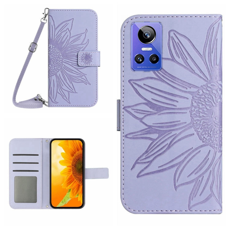 Skin Feel Custodia per cellulare in pelle con motivo a fiori di sole con cordino, For Realme GT Neo3, For OnePlus 9