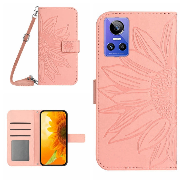 Skin Feel Custodia per cellulare in pelle con motivo a fiori di sole con cordino, For Realme GT Neo3, For OnePlus 9