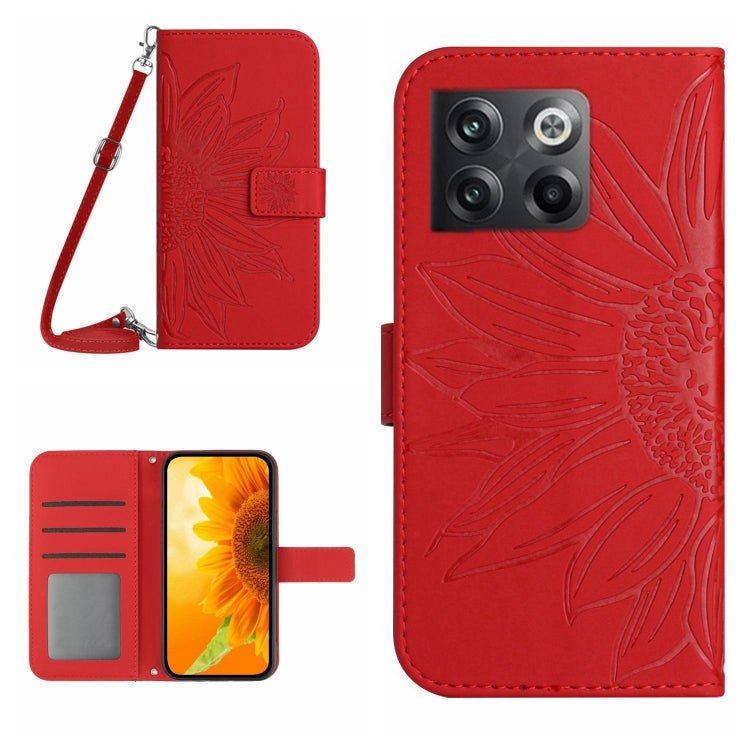 Skin Feel Custodia per cellulare in pelle con motivo a fiori di sole con cordino, For OnePlus 10T, For OnePlus Nord 2