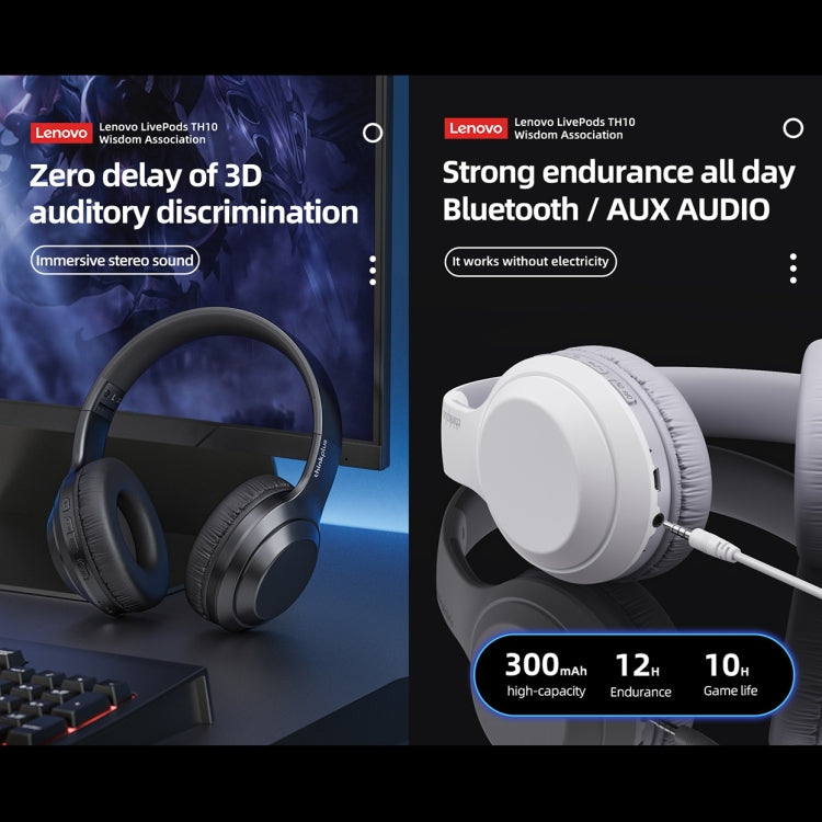 Cuffie Lenovo TH10 Wireless Bluetooth Gaming Bass Musica Sport con cancellazione del rumore, TH10 White, TH10 Black