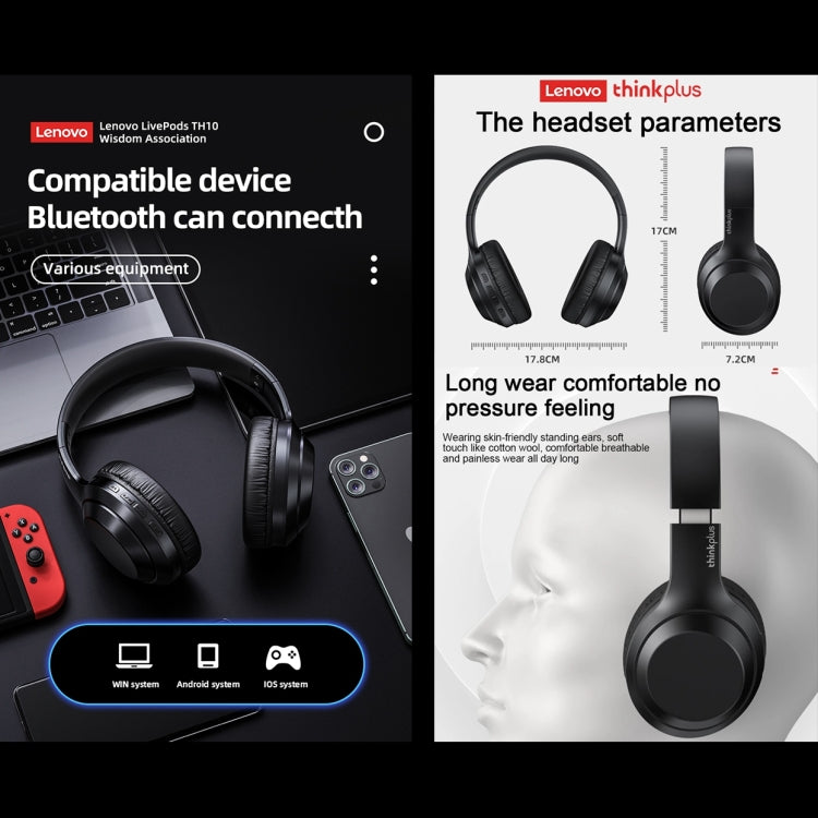 Cuffie Lenovo TH10 Wireless Bluetooth Gaming Bass Musica Sport con cancellazione del rumore, TH10 White, TH10 Black