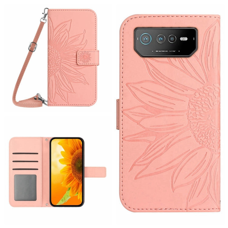 Skin Feel Custodia per cellulare in pelle con motivo a fiori di sole con cordino, For Asus ROG Phone 6, For Asus ROG Phone 6 Pro