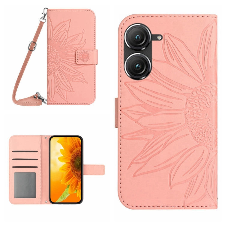 Skin Feel Custodia per cellulare in pelle con motivo a fiori di sole con cordino, For Asus ZenFone 8 ZS590KS, For Asus ZenFone 9