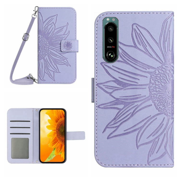 Skin Feel Custodia per cellulare in pelle con motivo a fiori di sole con cordino, For Sony Xperia 5 III, For Sony Xperia 5 IV