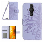 Skin Feel Custodia per cellulare in pelle con motivo a fiori di sole con cordino, For Sony Xperia Pro-I