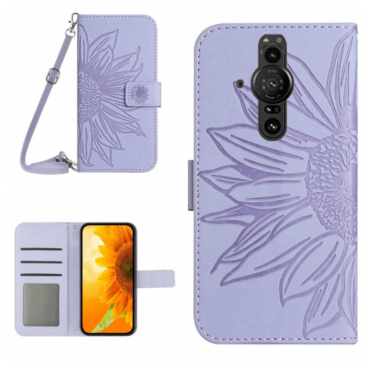 Skin Feel Custodia per cellulare in pelle con motivo a fiori di sole con cordino, For Sony Xperia Pro-I