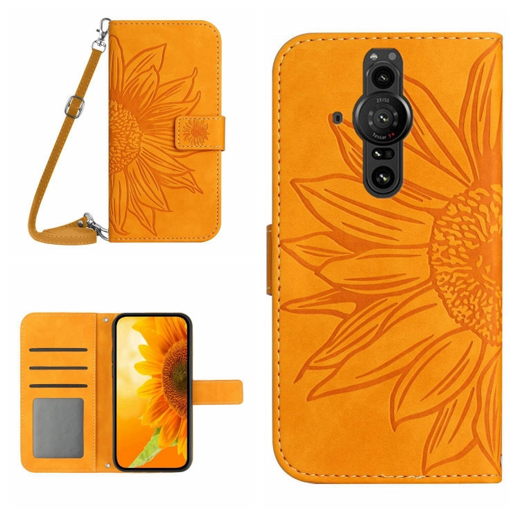 Skin Feel Custodia per cellulare in pelle con motivo a fiori di sole con cordino, For Sony Xperia Pro-I