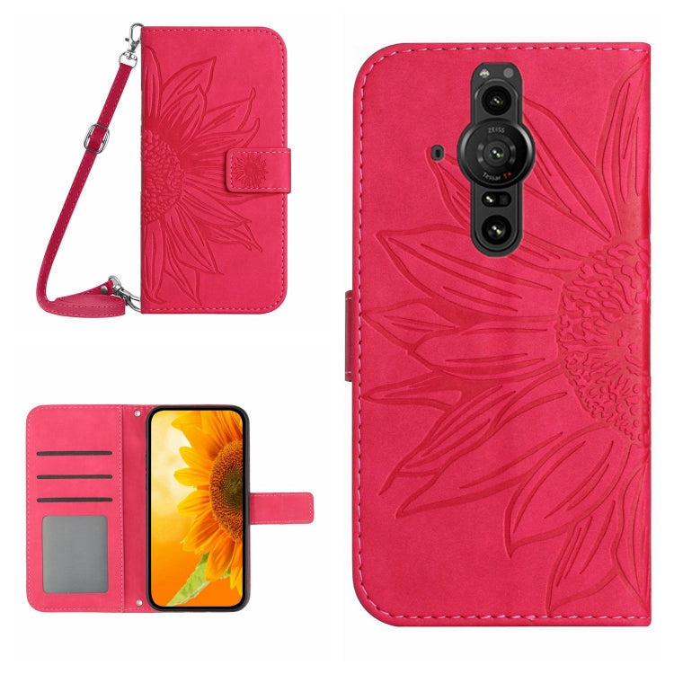 Skin Feel Custodia per cellulare in pelle con motivo a fiori di sole con cordino, For Sony Xperia Pro-I