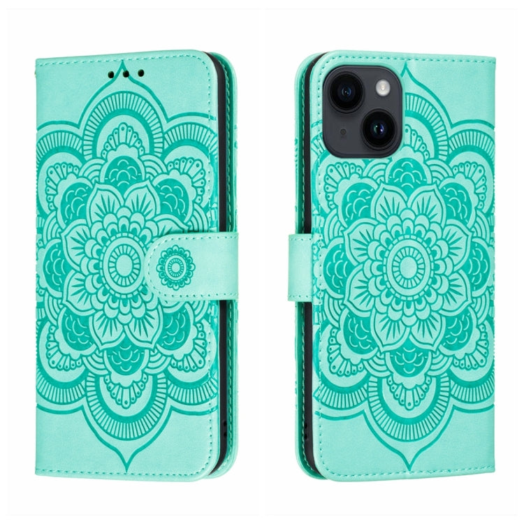 Custodia per telefono in pelle goffrata Sun Mandala, For iPhone 14 / 13, For iPhone 14 Plus, For iPhone 14 Pro