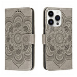 Custodia per telefono in pelle goffrata Sun Mandala, For iPhone 14 / 13, For iPhone 14 Plus, For iPhone 14 Pro