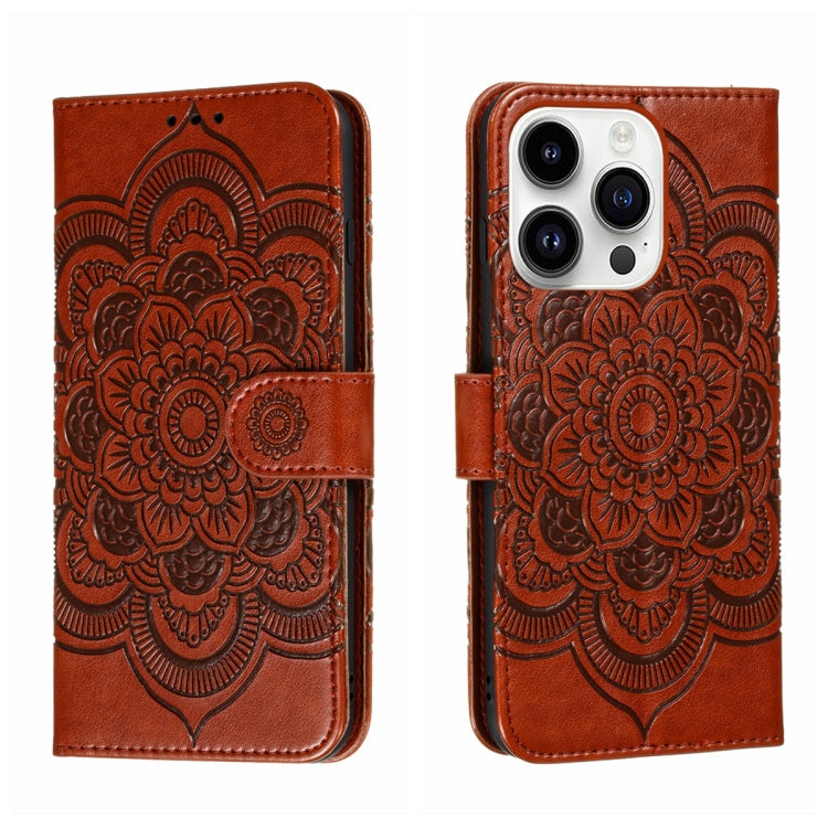 Custodia per telefono in pelle goffrata Sun Mandala, For iPhone 14 / 13, For iPhone 14 Plus, For iPhone 14 Pro