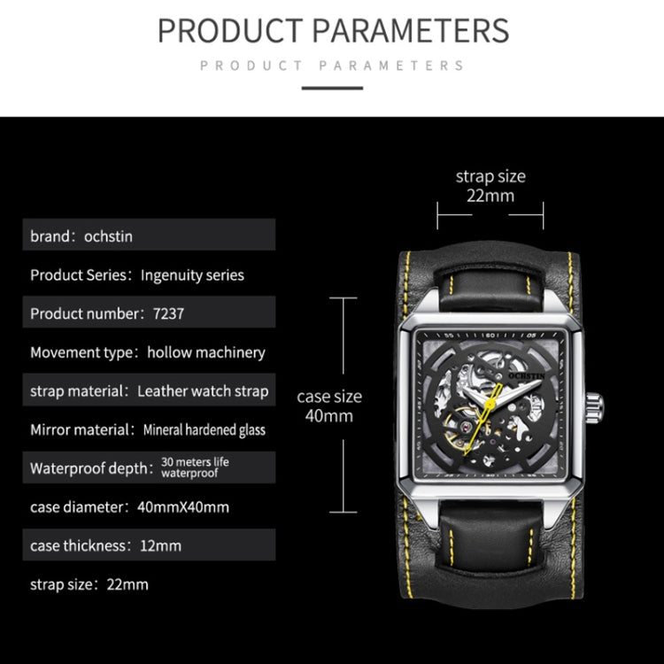 Ochstin 7237 Orologio da polso meccanico da scheletro luminoso impermeabile da polso in pelle da lavoro
