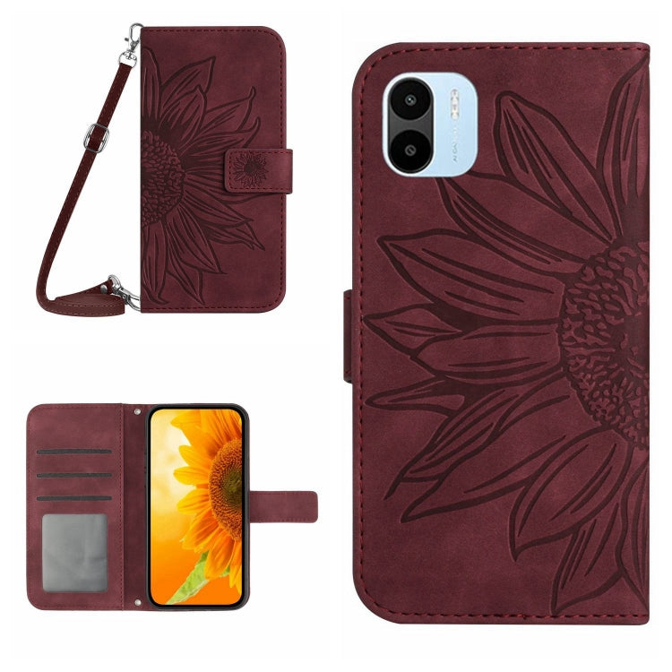 Skin Feel Custodia per cellulare in pelle con motivo a fiori di sole con cordino, For Xiaomi Redmi A1, For Xiaomi Redmi A1+