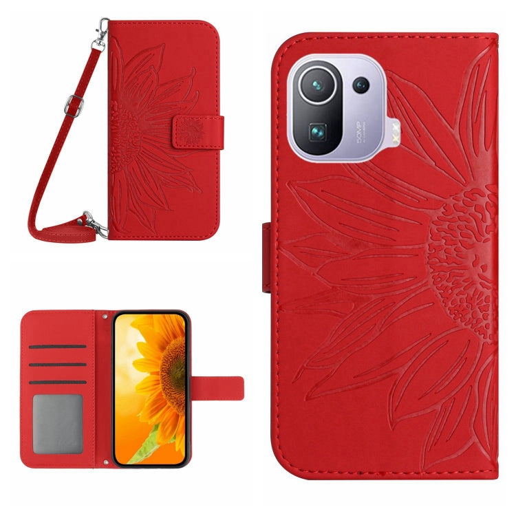 Skin Feel Custodia per cellulare in pelle con motivo a fiori di sole con cordino, For Xiaomi Mi 11 Lite, For Xiaomi Mi 11 Pro