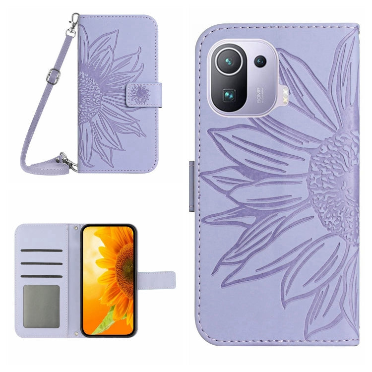 Skin Feel Custodia per cellulare in pelle con motivo a fiori di sole con cordino, For Xiaomi Mi 11 Lite, For Xiaomi Mi 11 Pro