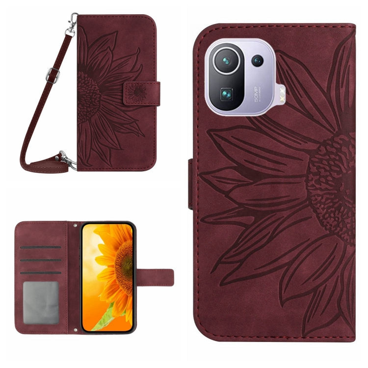 Skin Feel Custodia per cellulare in pelle con motivo a fiori di sole con cordino, For Xiaomi Mi 11 Lite, For Xiaomi Mi 11 Pro
