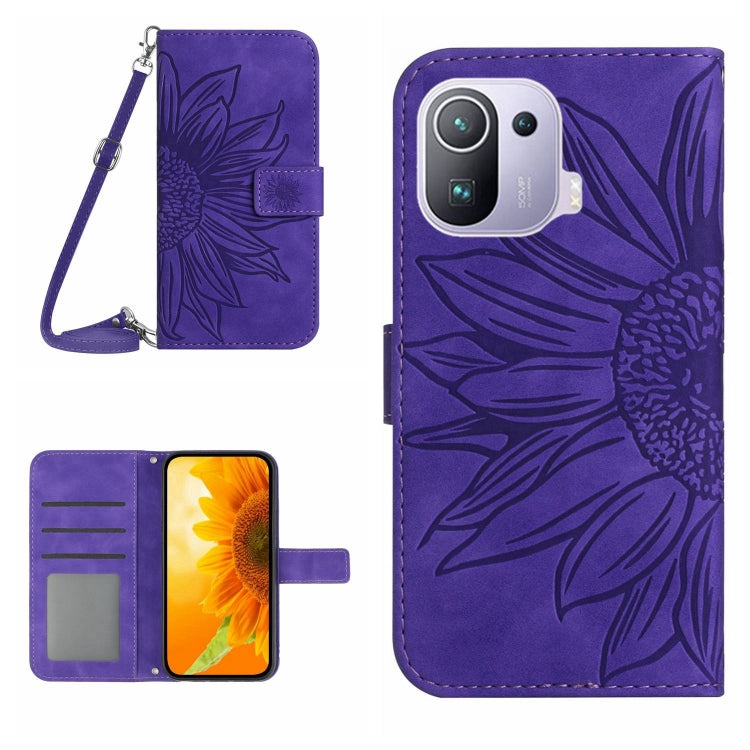 Skin Feel Custodia per cellulare in pelle con motivo a fiori di sole con cordino, For Xiaomi Mi 11 Lite, For Xiaomi Mi 11 Pro