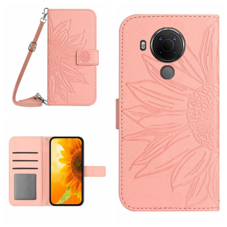 Skin Feel Custodia per cellulare in pelle con motivo a fiori di sole con cordino, For Nokia 5.4, For Nokia C01 Plus