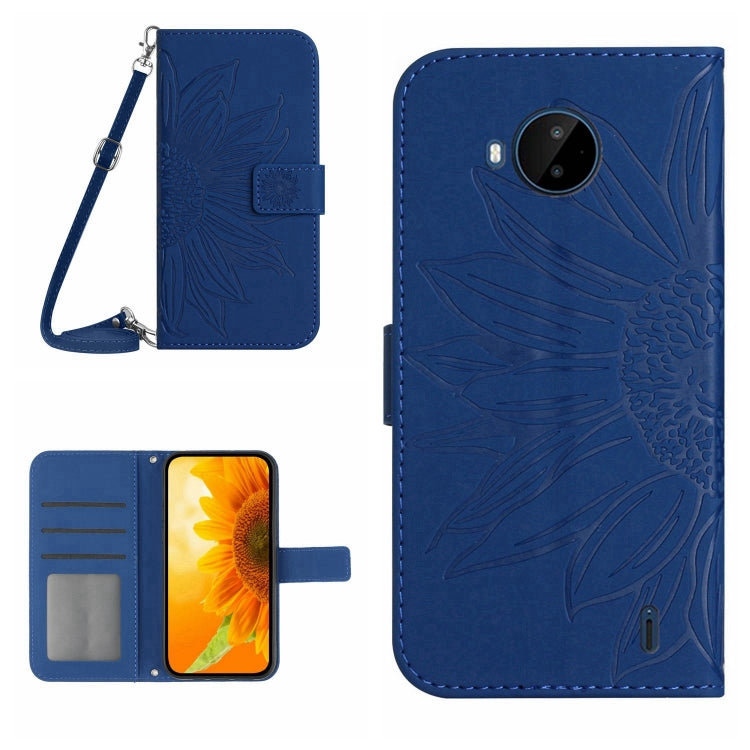 Skin Feel Custodia per cellulare in pelle con motivo a fiori di sole con cordino, For Nokia C20 Plus, For Nokia C30