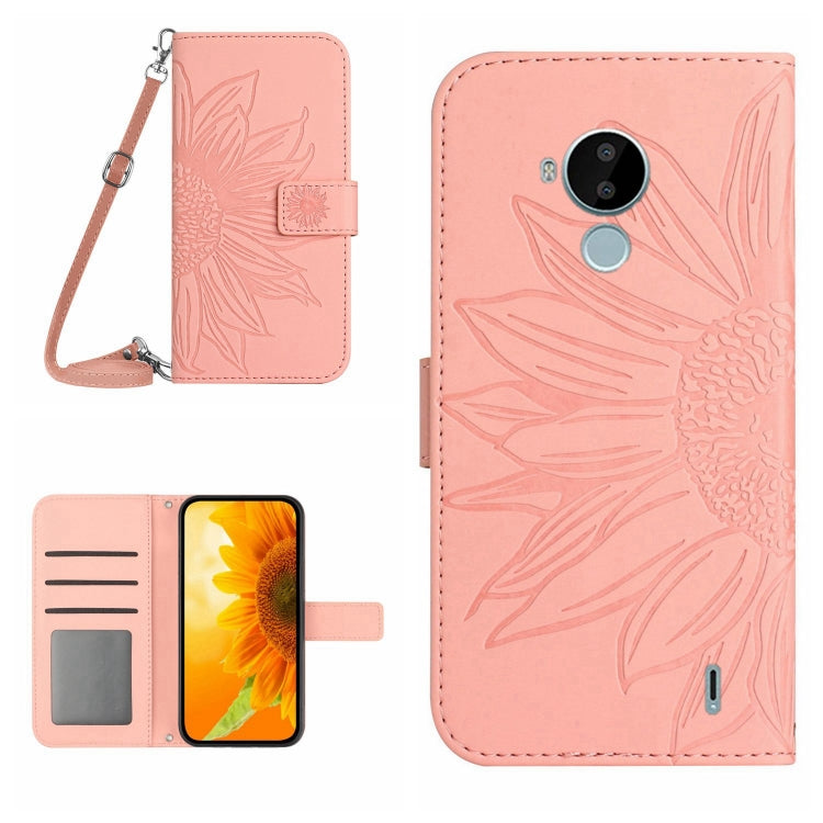 Skin Feel Custodia per cellulare in pelle con motivo a fiori di sole con cordino, For Nokia C20 Plus, For Nokia C30