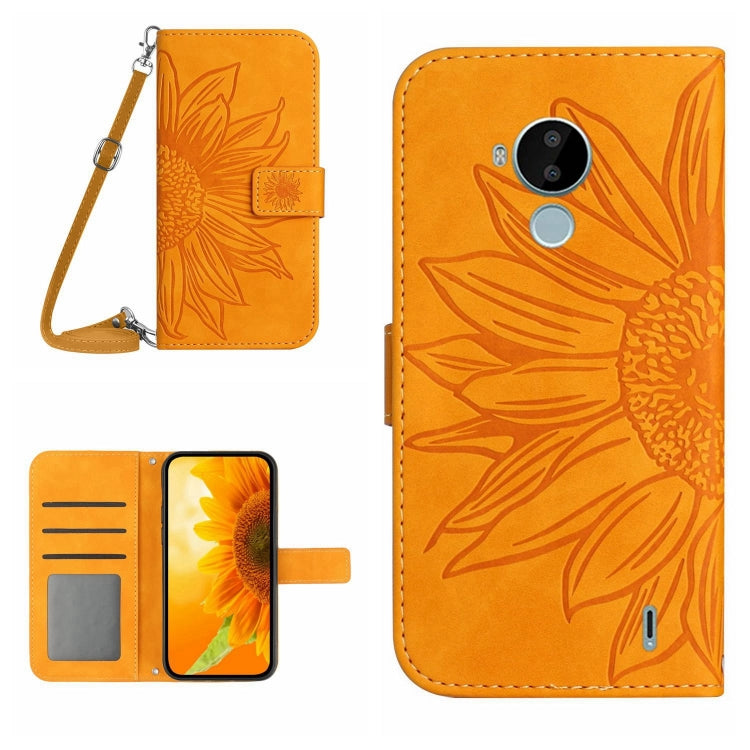 Skin Feel Custodia per cellulare in pelle con motivo a fiori di sole con cordino, For Nokia C20 Plus, For Nokia C30