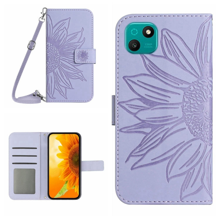 Skin Feel Custodia per cellulare in pelle con motivo a fiori di sole con cordino, For Wiko T3, For Wiko T10
