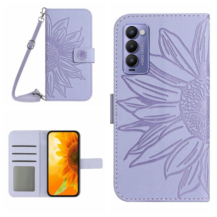 Skin Feel Custodia per cellulare in pelle con motivo a fiori di sole con cordino, For Tecno Camon 17P, For Tecno Camon 18 / 18 P