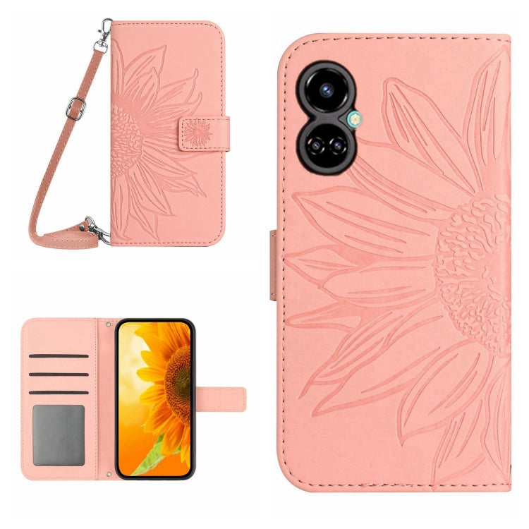 Skin Feel Custodia per cellulare in pelle con motivo a fiori di sole con cordino, For Tecno Camon 18i, For Tecno Camon 19 Pro