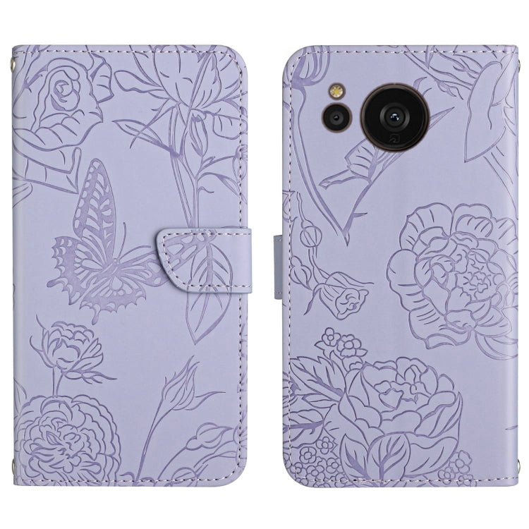 HT03 Cassa del telefono di cuoio di vibrazione impressa farfalla di sensibilità della pelle, For Samsung Galaxy S23 5G, For Samsung Galaxy S23+ 5G, For Sharp Aquos Sense7 SH-V48, For Xiaomi 12 Lite NE