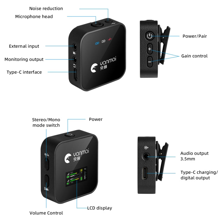 Microfono lavalier wireless Yanmai GF525 con display LED