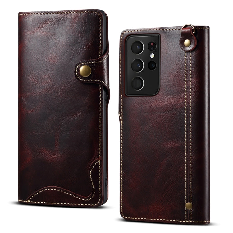 Custodia in vera pelle con bottoni magnetici in pelle bovina Denior Oil Wax, For Samsung Galaxy S21 Ultra 5G, For Samsung Galaxy S22 5G, For Samsung Galaxy S22+ 5G, For Samsung Galaxy S22 Ultra 5G