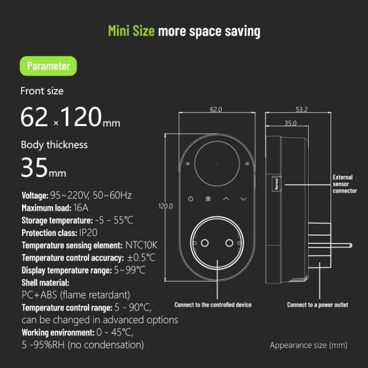 Termostato digitale plug-in con WiFi e sensore esterno
