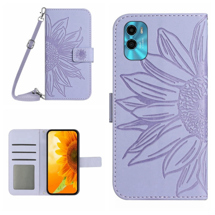 Skin Feel Custodia per cellulare in pelle con motivo a fiori di sole con cordino, For Motorola Moto E22s, For Realme 9i 5G