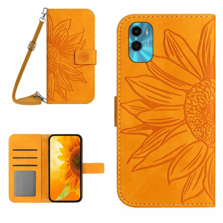 Skin Feel Custodia per cellulare in pelle con motivo a fiori di sole con cordino, For Motorola Moto E22s, For Realme 9i 5G