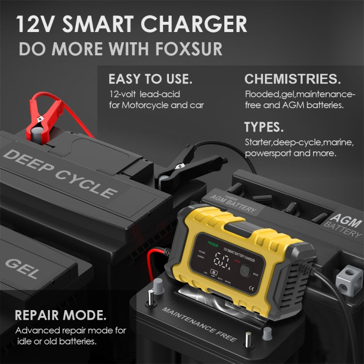 FOXSUR 6A 12V Caricabatterie Smart Moto/Auto, US Plug, UK Plug, EU Plug, AU Plug