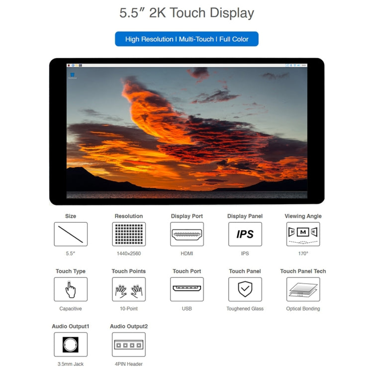 Display LCD touch capacitivo 5,5" 2K per Raspberry Pi 4B