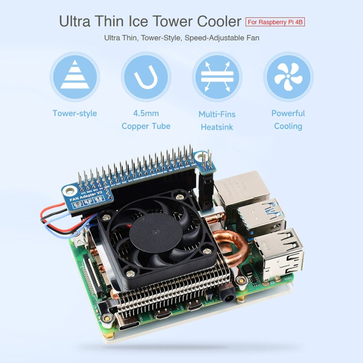 Waveshare Slim ICE Tower Cooling Fan for Raspberry Pi 4B, Power Supply: 5V