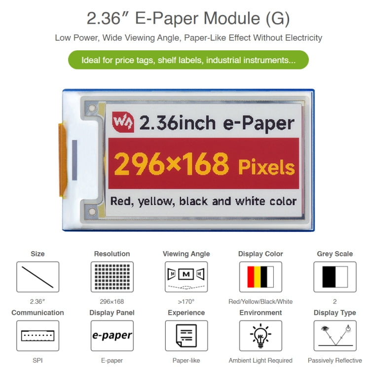 Modulo E-paper Waveshare da 2,36 pollici 296×168, 2.36 inch