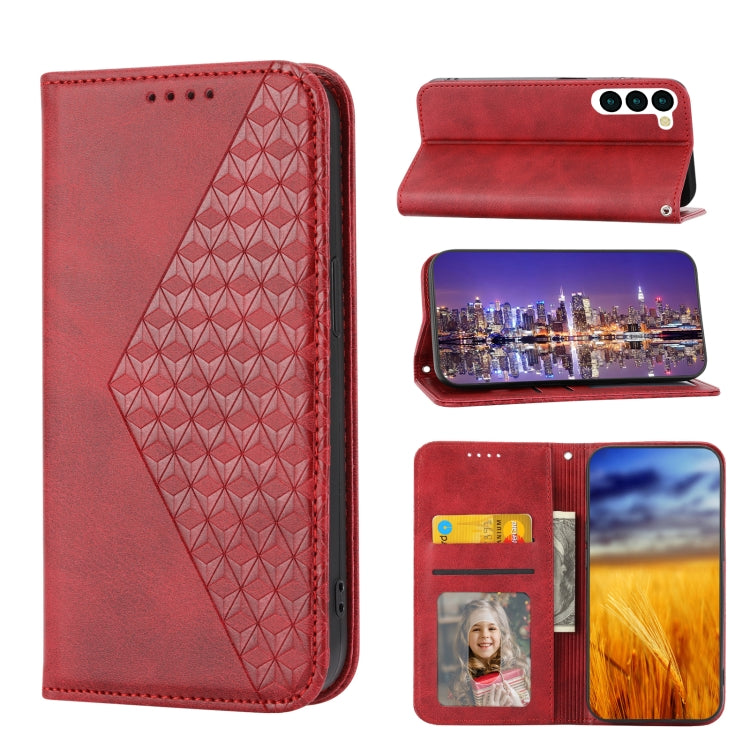 Custodia per telefono in pelle magnetica con struttura in vitello a griglia cubica, For Sony Xperia 5 IV, For OPPO A17 4G, For Samsung Galaxy S23 5G, For Samsung Galaxy S23+ 5G, For Samsung Galaxy S23 Ultra 5G