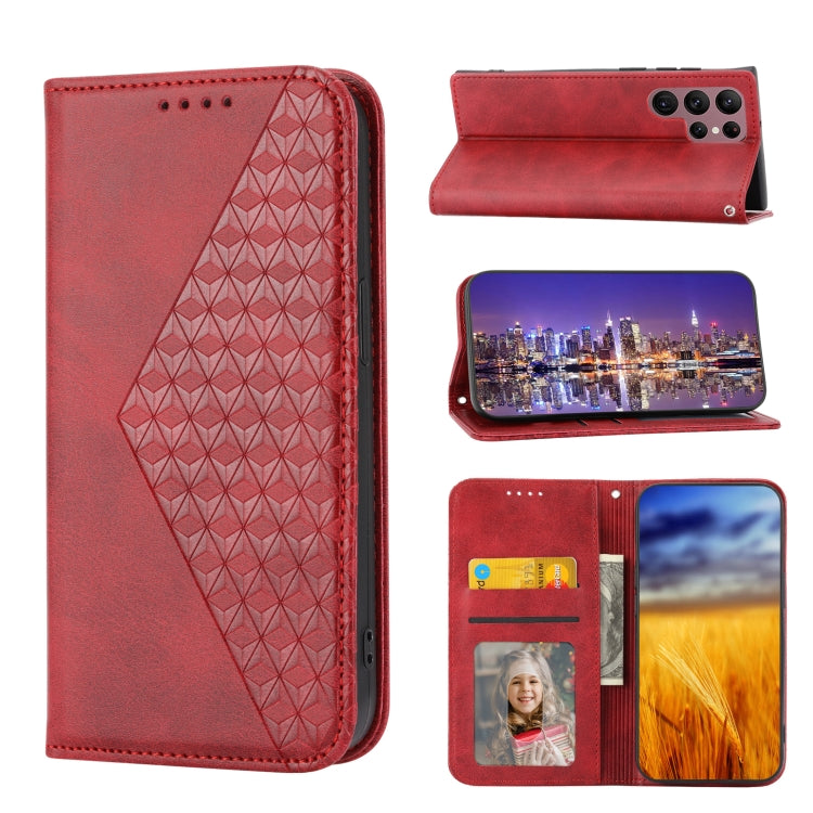 Custodia per telefono in pelle magnetica con struttura in vitello a griglia cubica, For Sony Xperia 5 IV, For OPPO A17 4G, For Samsung Galaxy S23 5G, For Samsung Galaxy S23+ 5G, For Samsung Galaxy S23 Ultra 5G