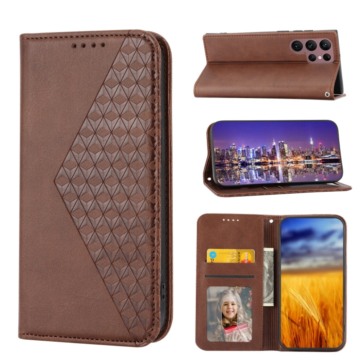 Custodia per telefono in pelle magnetica con struttura in vitello a griglia cubica, For Sony Xperia 5 IV, For OPPO A17 4G, For Samsung Galaxy S23 5G, For Samsung Galaxy S23+ 5G, For Samsung Galaxy S23 Ultra 5G