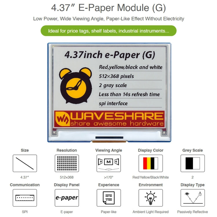 Waveshare 4.37 inch E-Paper Module 512×368, 4.37 inch