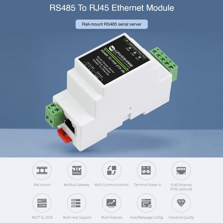 Waveshare RS485 to RJ45 DIN Rail Serial Server with POE Function