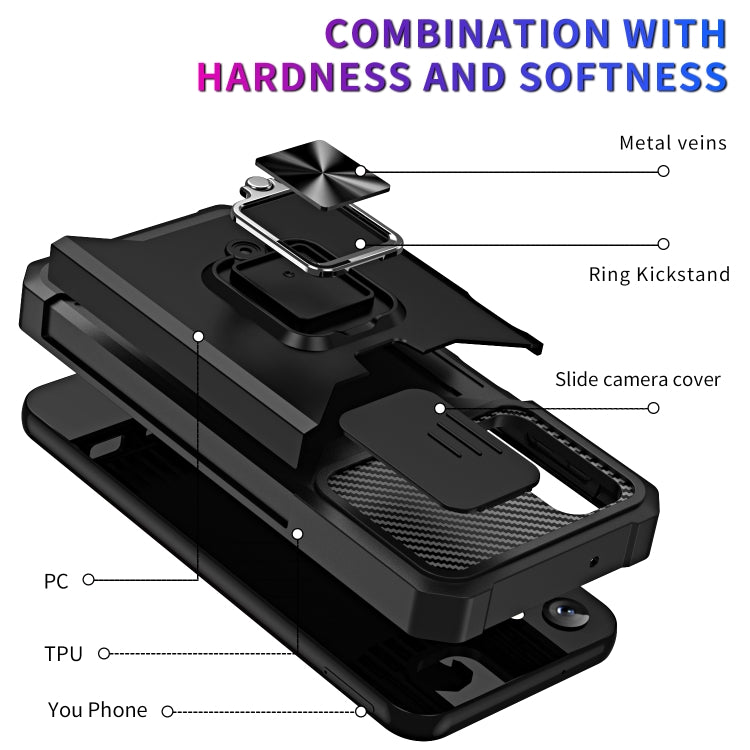 Custodia per telefono scorrevole Camshield con supporto per anello e slot per schede, For Samsung Galaxy A14 5G