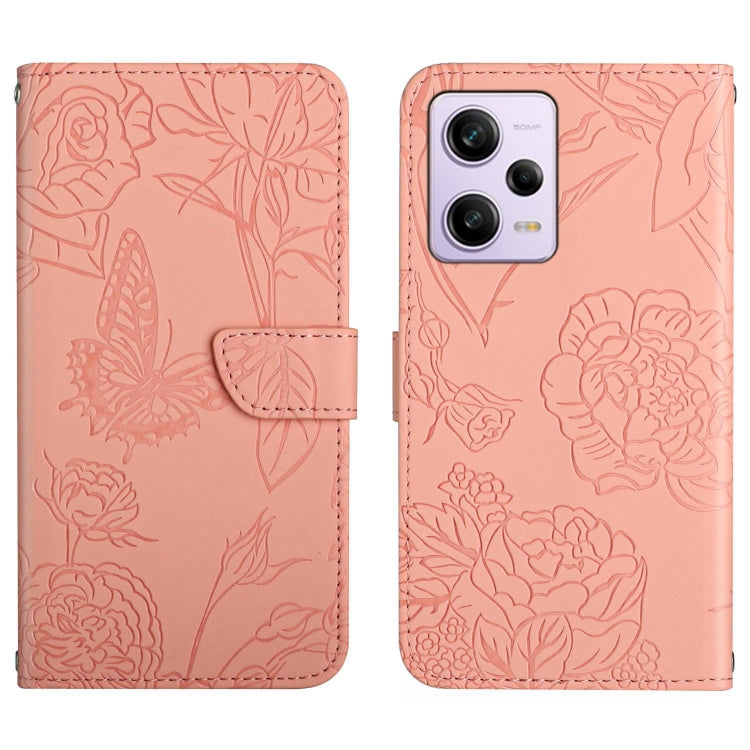 HT03 Cassa del telefono di cuoio di vibrazione impressa farfalla di sensibilità della pelle, For Xiaomi Redmi 11 Prime 4G, For Xiaomi Redmi 11 Prime 5G, For Xiaomi Redmi Note 12 China, For Xiaomi Redmi Note 12 Pro 5G China