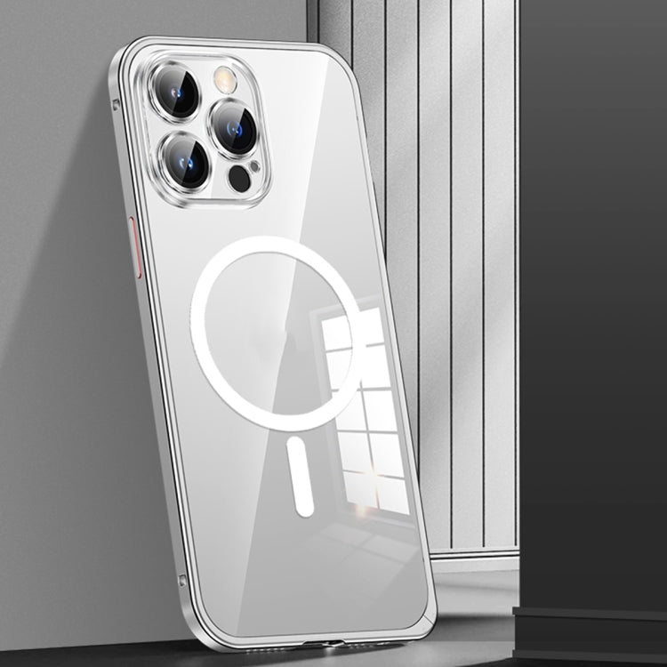 Custodia per telefono trasparente in metallo con fibbia a molla MagSafe con protezione dell'obiettivo, For iPhone 14, For iPhone 14 Plus, For iPhone 14 Pro, For iPhone 14 Pro Max, For iPhone 13, For iPhone 13 Pro, For iPhone 13 Pro Max, For iPhone 12  ...
