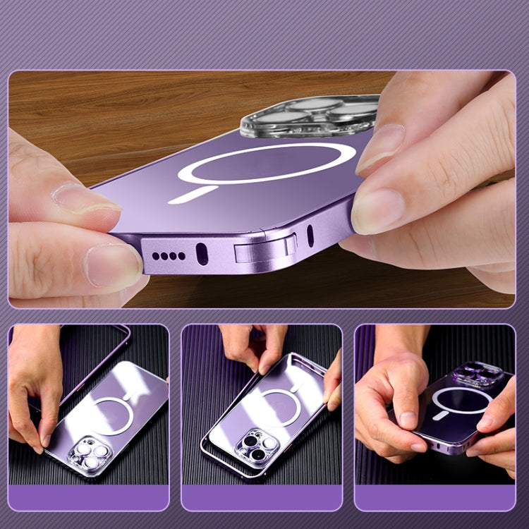 Custodia per telefono trasparente in metallo con fibbia a molla MagSafe con protezione dell'obiettivo, For iPhone 14, For iPhone 14 Plus, For iPhone 14 Pro, For iPhone 14 Pro Max, For iPhone 13, For iPhone 13 Pro, For iPhone 13 Pro Max, For iPhone 12  ...